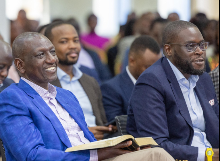 File Image of President William Ruto and Governor Johnson Sakaja at Langata Deliverance Church in Nairobi.